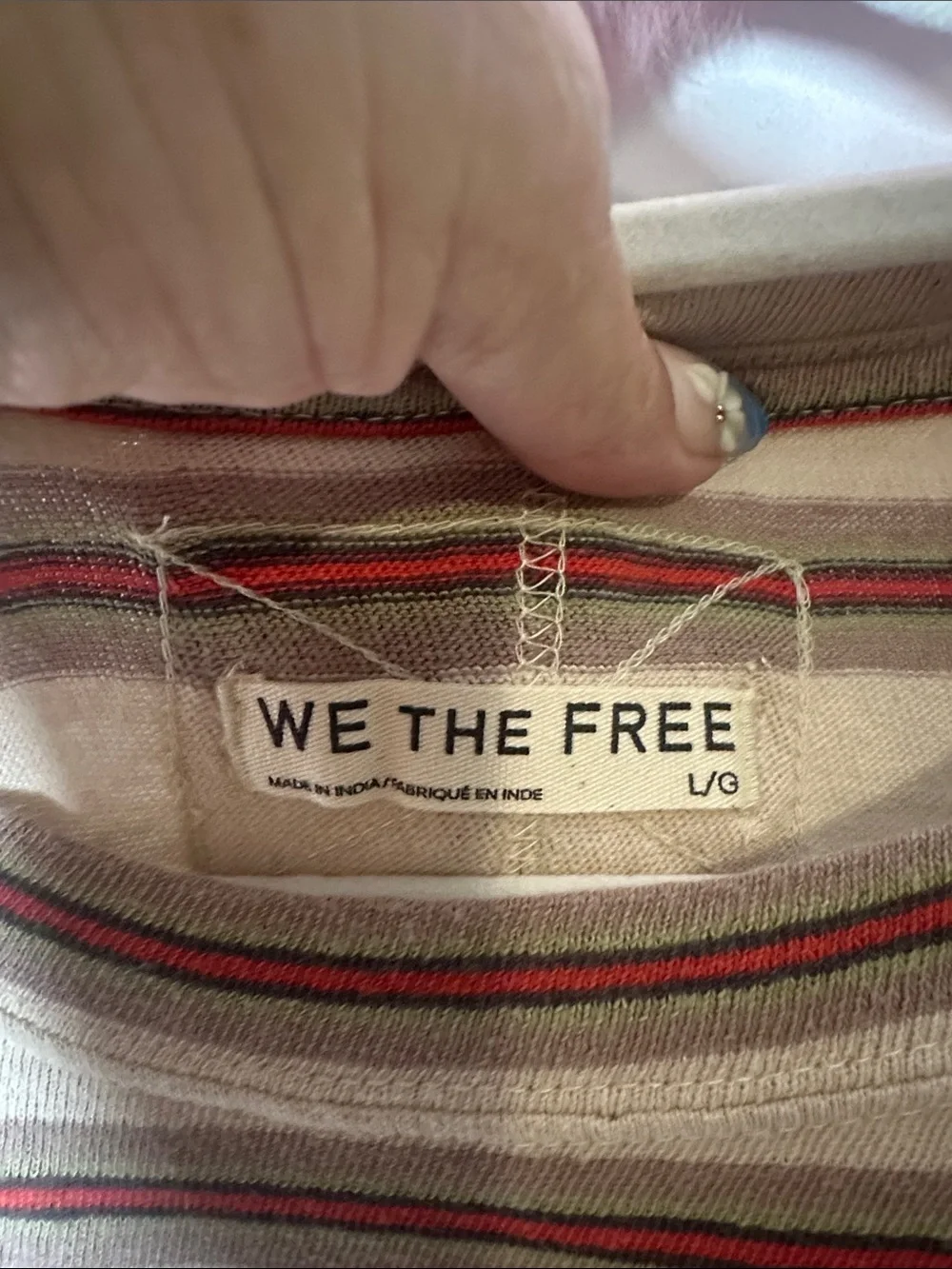 We The Free Beige Long Sleeve Striped Tee with Red and Blue Accents